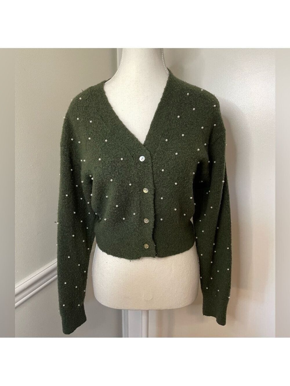 Zara Pearl Embellished Wool Blend Cropped Cardigan S